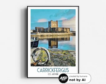 May include: A watercolour painting of Carrickfergus Castle in Northern Ireland. The castle is a historic landmark and is located on the coast. The painting shows the castle in the distance, with a boat in the foreground. The water is blue and the sky is a light blue. The text "Carrickfergus" and "Co. Antrim" is at the bottom of the painting.