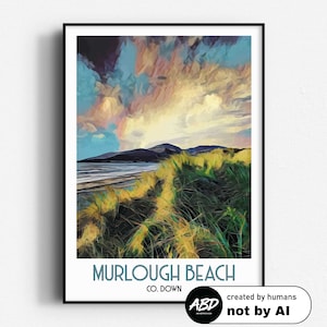 Murlough Beach Travel Poster,  Wall Art, UNFRAMED, Northern Ireland, The Mournes