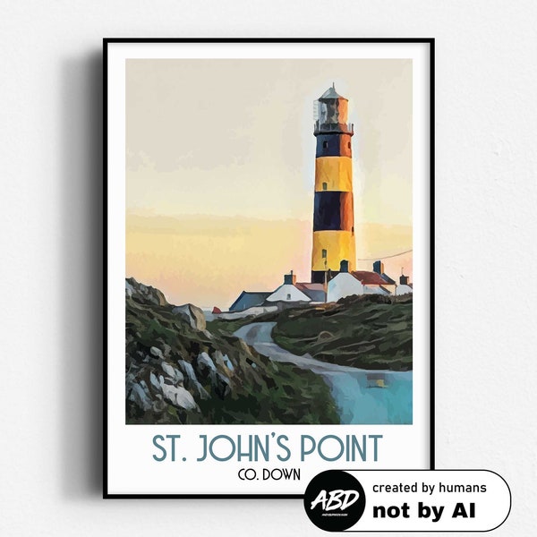 St. John's Point Lighthouse Travel Poster,  Wall Art, UNFRAMED, Northern Ireland,  Antrim