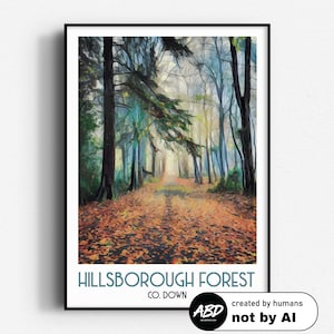 Poster di viaggio autunnale di Hillsborough Forest Park, arte da parete, SENZA CORNICE, Irlanda del Nord, Giù
