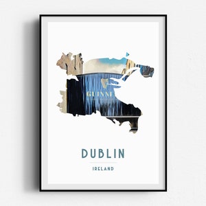 May include: A white outline of the shape of Ireland with a photo of the Guinness Storehouse in Dublin, Ireland. The text "DUBLIN" and "IRELAND" is below the outline.
