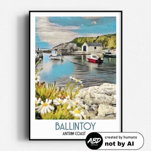 Poster di viaggio di Ballintoy Harbour, arte murale, SENZA CORNICE, Irlanda del Nord, Antrim