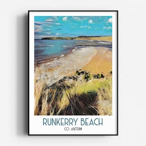 Runkerry Beach Travel Poster, Wall Art, UNFRAMED, Northern Ireland, Antrim