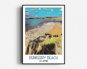 Runkerry Beach Travel Poster, Wall Art, UNFRAMED, Northern Ireland, Antrim
