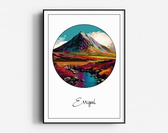 May include: A colorful illustration of a mountain peak with a stream flowing through the valley. The mountain is surrounded by a circle with a blue sky and clouds. The text "Errigal" is written below the circle.