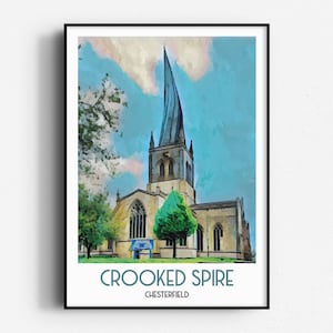 Puede incluir: Una pintura de la Iglesia de la Espira Torcida en Chesterfield, Inglaterra. La iglesia es un hito histórico con una distintiva aguja inclinada. La pintura está hecha en estilo acuarela con un cielo azul y árboles verdes en primer plano.
