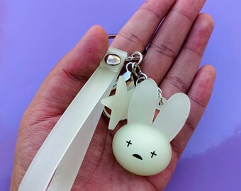 Watercolor Bunny in a Wreath Silver Key Fob Wristlet Bunny Key Chain with Silver charm of your choice
