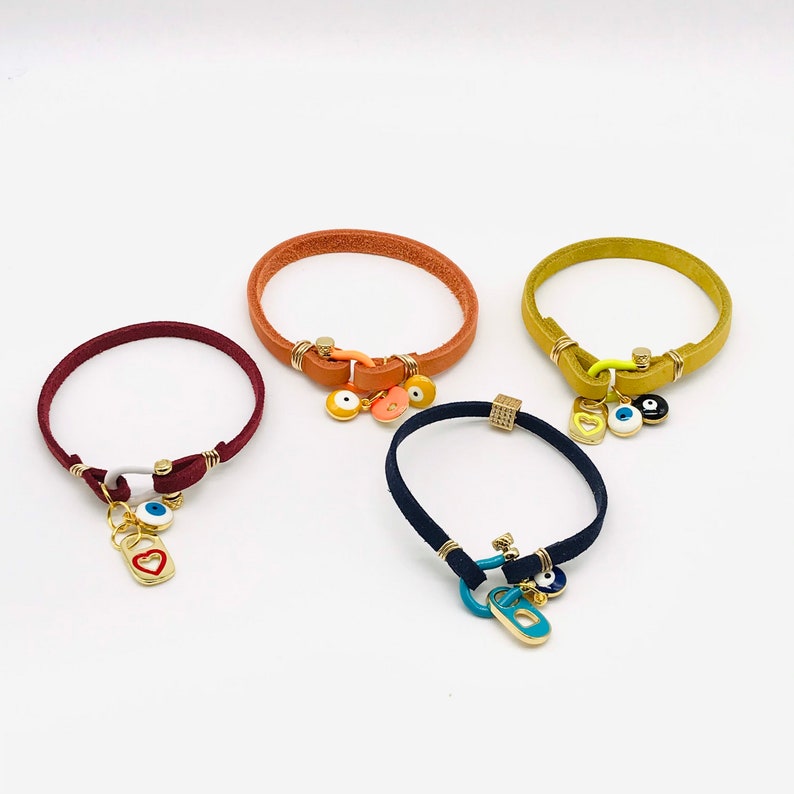 Vegan Leather Soda Pop Top Leather Charm Bracelets Faux Suede Boho Jewelry Charms Evil Eye Charm Enamel Connector