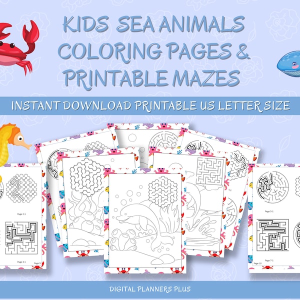 Printable Mazes for Kids with Solutions, Sea Animals Coloring Pages, Activity Sheets, Instant Download