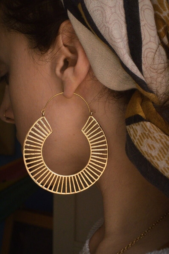 Boho Gold Brass Oversized Earrings - Large Round S