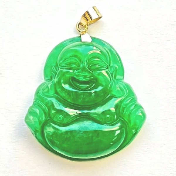 18k Solid Gold Bail Jadeite Jade Smiling Lucky Buddha Pendant