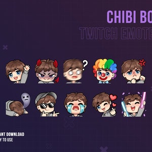 Streamer Boy Twitch Emotes | Chibi Boy Emotes | Cute | Brown Hair & Blue Eyes | Twitch Graphics | Male | Streamer | Guy | Discord
