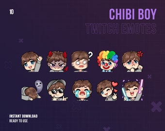 Streamer Boy Twitch Emotes | Chibi Boy Emotes | Cute | Brown Hair & Blue Eyes | Twitch Graphics | Male | Streamer | Guy | Discord