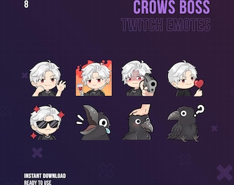 Crows Boss Twitch Emotes | Cute Anime | Love | Deepspace | Stream | Discord | Red Eyes | Twitch Graphics | Chibi | White Hair | Raven