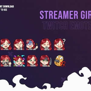 Pode incluir: Conjunto de 10 emotes do Twitch com uma menina de desenho animado de cabelo ruivo. Os emotes mostram diferentes expressões, incluindo chorar, cobrir os olhos, ter medo e segurar uma cruz. Também há um emote com a boca censurada, um emote com confete, um emote com uma expressão de surpresa, um emote com uma faca e um emote com uma arma.