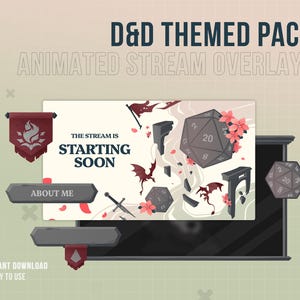 Könnte beinhalten: Ein D&D-Stream-Overlay-Paket mit einem Startbildschirm, einem 20-seitigen Würfel, Drachen und Blumenmotiven. Enthält dunkelgraue Schaltflächen mit der Aufschrift ABOUT ME, ein rotes Banner mit Flammensymbol und einen schwarzen Videorahmen.
