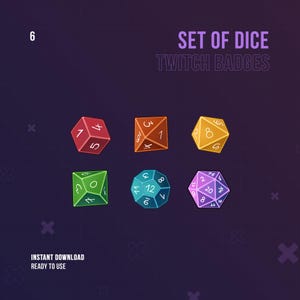 Jeu de dés Set Twitch Badges | Badges de sous-bits de flux | Joueurs D&D | MDN | Graphiques Twitch | Streamer | Sous-badges | Jeux de société | Maître du jeu