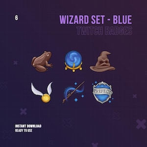 May include: Set of six blue Twitch badges featuring wizard-themed illustrations, including a frog, a crystal ball, a wizard hat, a golden snitch, a wand, and a shield with the word "PREFECT" on it.