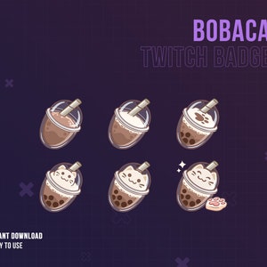 May include: Six colourful Twitch badges featuring a cartoon cat holding a boba tea. The badges are in different variations, including a cat with a paw print on its head, a cat with a paw print on its drink, and a cat with a paw print on the ground.
