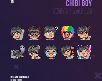 Streamer Boy Twitch Emotes | Chibi Boy Emotes | Cute | Black Hair & Blrown Eyes | Tanned | Twitch Graphics | Male | Streamer | Guy | Discord