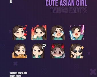 Cute Asian Girl Twitch Emotes | Kawaii Anime | Stream | Discord | Brown Hair and Brown Eyes | Twitch Graphics | Chibi | StreamerGirl