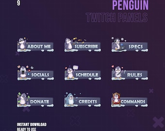 9 Illustrated Penguin Panels | Winter Stream | Cute | Streamers Twitch Panels | Animal Panel | Snow | Streamer | Pingu | Twitch Graphic