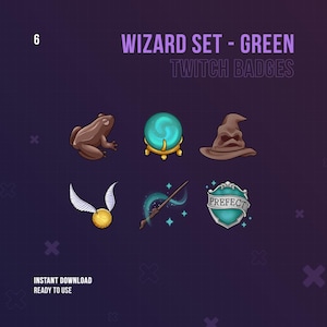 Könnte beinhalten: Satz von sechs grünen Twitch-Badges mit Zauberer-Motiven. Die Badges zeigen einen Frosch, eine Kristallkugel, einen Zaubererhut, einen goldenen Schnatz, einen Zauberstab und einen Schild mit dem Wort "PREFECT" darauf.