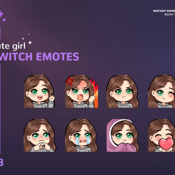 Twitch Emotes | Cute Girl Emotes | Stream Emotes | Brown Hair and Green Eyes | Cute | Girl | Twitch Graphics | Brunette Girl with Green Eyes