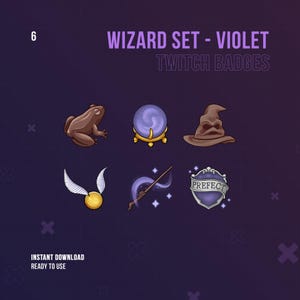 Può includere: Set di sei badge Twitch viola con illustrazioni a tema magico: una rana, una sfera di cristallo, un cappello da strega, un boccino d'oro, una bacchetta magica con stelle e uno scudo con la parola "PREFECT".