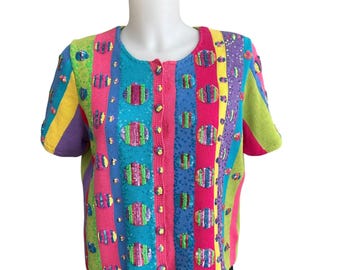 Michael Simon Vintage Multicolor Knit Sequinned Cardigan Eclectic Fun Medium 80s