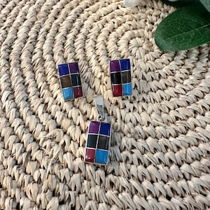 Vintage 925 Mexico Sterling Silver Multicolor Nugget Stud Earrings & Pendant