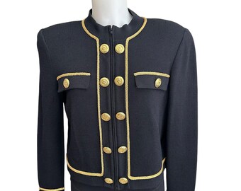 St. John Collection Santana Knit Black Buttons Cavalry Zip Up Blazer sz M Vntage