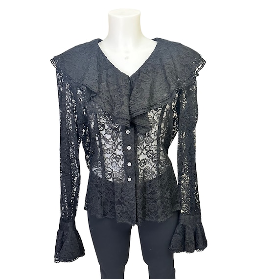 ANNE KLEIN Vintage Black Full Lace Button Front R… - image 1