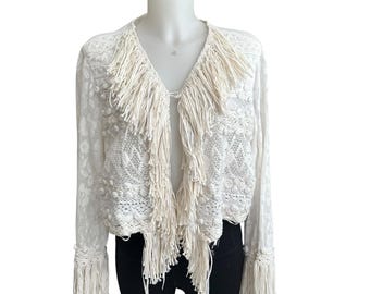 Sandy Starkman Rare Vintage White Fringed Lace Jacket Sexy Boho Studded Neckline