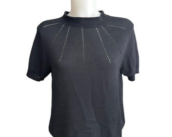 St. John Classic Black Pointelle Mock Neck Santana Knit Sweater Shirt Vintage M