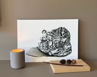 Fine Art Print, Pencil Art, Heart Surreal Illustration, Black and White, Unframed Detailed Drawing, Abstract Composition