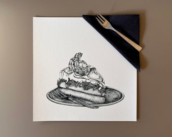 Cake Pencil Drawing Print, Food Art, Modern Fine Art Print, Black and White, Organic Wall Decoration, Shrimp Illustration, Bizzare Picture