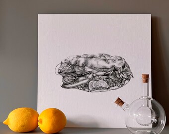 Pencil Drawing Print, Black and White, Lobster Burger, Modern Fine Art, Organic Wall Art, Detailed Sandwich Illustration, Food Art Decor