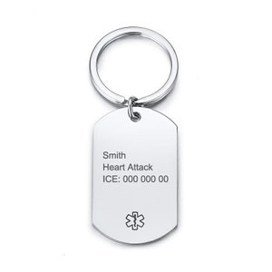 Custom Medical Alert ID Key Chain, Stainless Steel Personalized ID Tag Emergency Memorial Photo Text Free Engraving