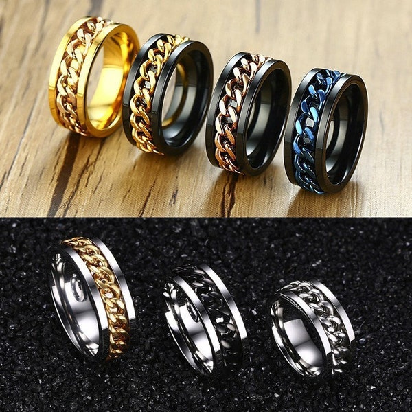 Customalized 8mm Spinner Chain Rings for Men Women Stylish Rotatable Link Relieve Stress Ring Free Engraving