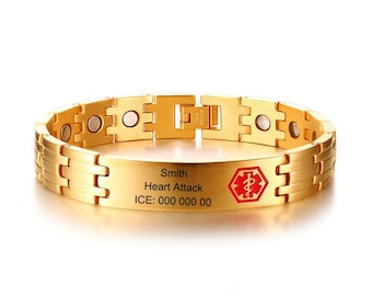Engravable Emergency Medical Alert Id Bracelet Stainless Steel Magnetic Therapy Jewelry