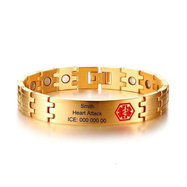 Engravable Emergency Medical Alert Id Bracelet Stainless Steel Magnetic Therapy Jewelry