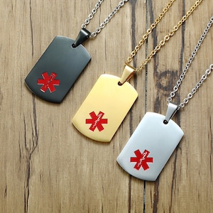 Personalized Medical Alert ID Pendant, Custom ICE Info Necklace, Emergency Memorial Military Engrave Dog Tag Gold/Silver/Black for Women Men
