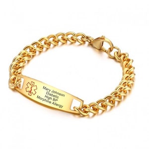 Men Women Gold/Silver Personalized ICE Info Alert Medical ID Bracelet Free Engraving