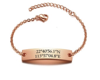 Womens Coordinate ID Bracelets Bangle Tag Adjustable Graduation Wedding Proposal Free Engraving