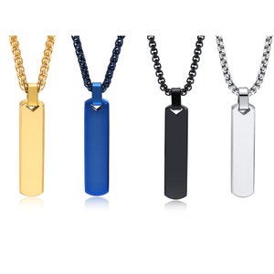 May include: Four silver necklaces with different colored rectangular pendants. The pendants are gold, blue, black, and silver.
