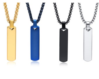 Customized Name Logo Rectangle Strip Bar Pendant for Women Men Long Box Chain Necklace Free Engraving