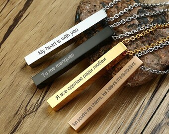 Personalized Name Bar Necklace for Women Men Vertical Cylindrical Glossy Pendant Free Engraving