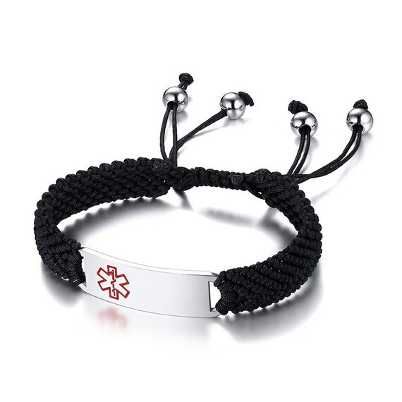 Medical Alert ID Bracelet – Black Braided Rope With Stainless Steel Tag, Free Engraving