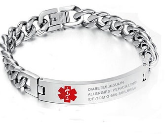 Personalized Silver Medical ID Bracelet Steel Engraved Custom Alert Bracelets Wristband Gift Allergy Emergency Diabetic ICE Info